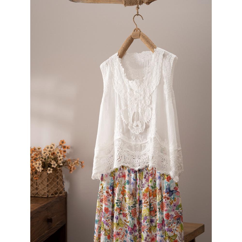 DIMANAF 2026 Vest T-Shirt Women Lace O-Neck Hollow Summer Style Basic Tops New Tees Loose Vest