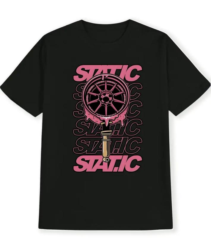 

A Black Graphic Tshirt for Men with Pink Car Wheels and Shock Absorbers Printed Static Design Breathable Summer Tee S
