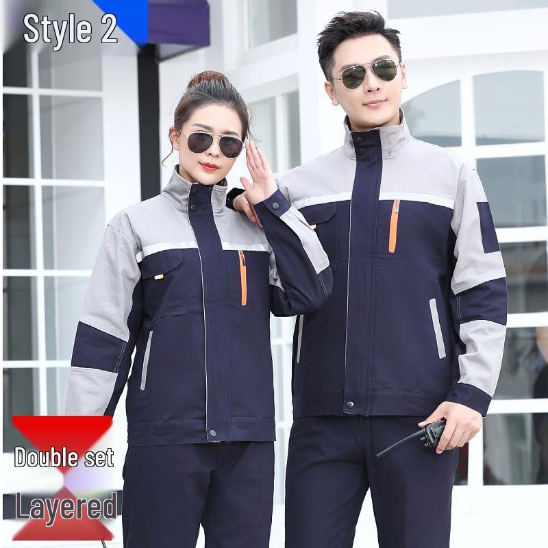 Men's Cotton Workwear Set: Durable Spring/Autumn Long Sleeve Uniform for Workshop and Repair with Printing.