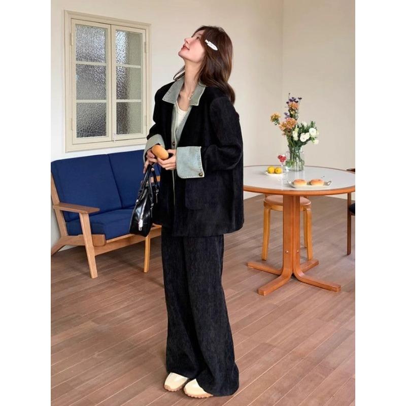 Korean Fashion Denim Blazer Wide Leg Pants Two Piece Set Women Spring Autumn Office Suit