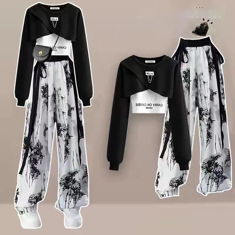 Lente Herfst Dames Mode Crop Sweatshirt Letter Sling Print Broek 1 of 3 Delige Set Dames Cool Streetwear Outfits Tops Broeken