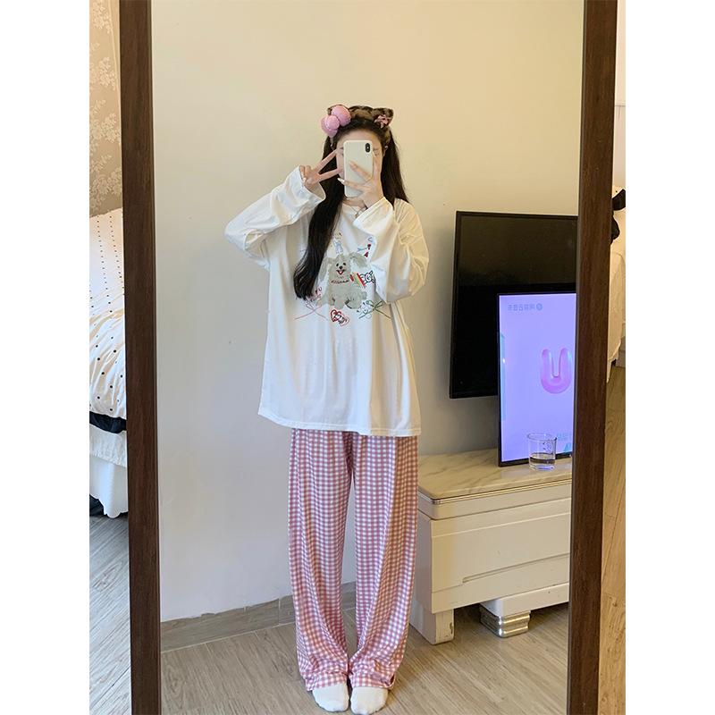 Women's Cartoon Style Autumn Pajamas Set - Long Sleeve, Long Pants, Wearable Outdoors, Imitation Cotton and Pure Cotton Fabric