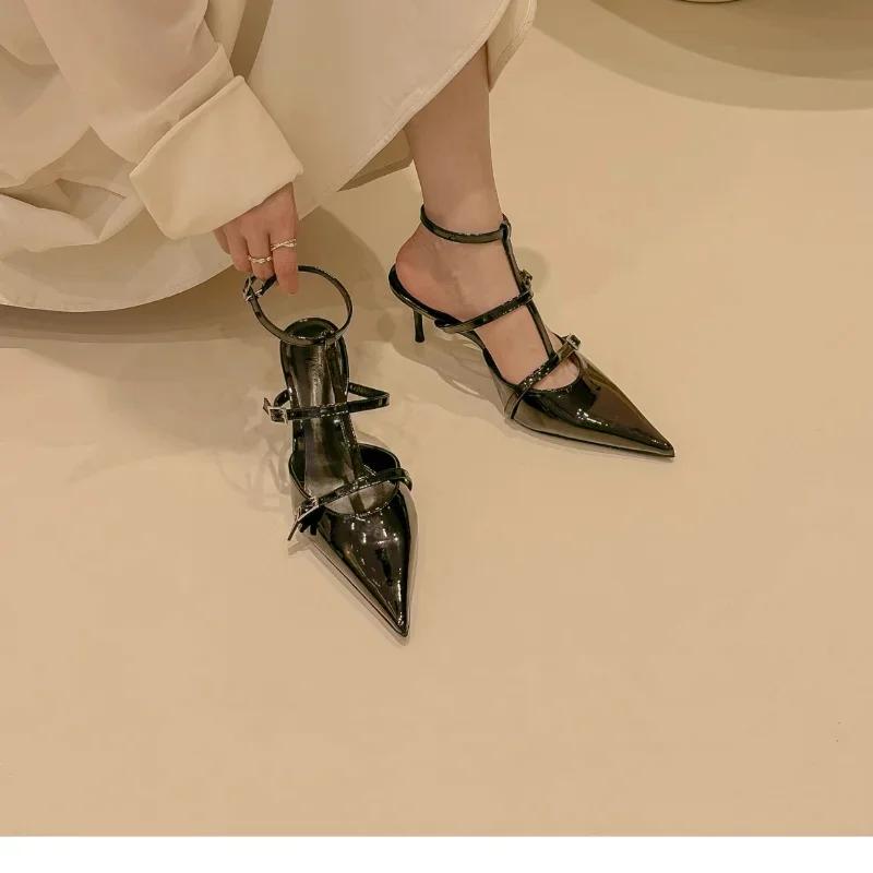 

Роскошные женские сандалии Элегантный острый носок Тонкий высокий каблук Baotou Ремешок с пряжкой на щиколотке Слингбэк Вечерняя свадебная обувь Sandalias 35 чёрный