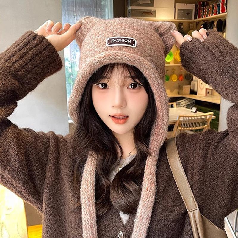 Autumn And Winter Woolen Cute Bear Ear Hat For Women Outdoor Warm Cold-Proof Sweet Knitted Hat