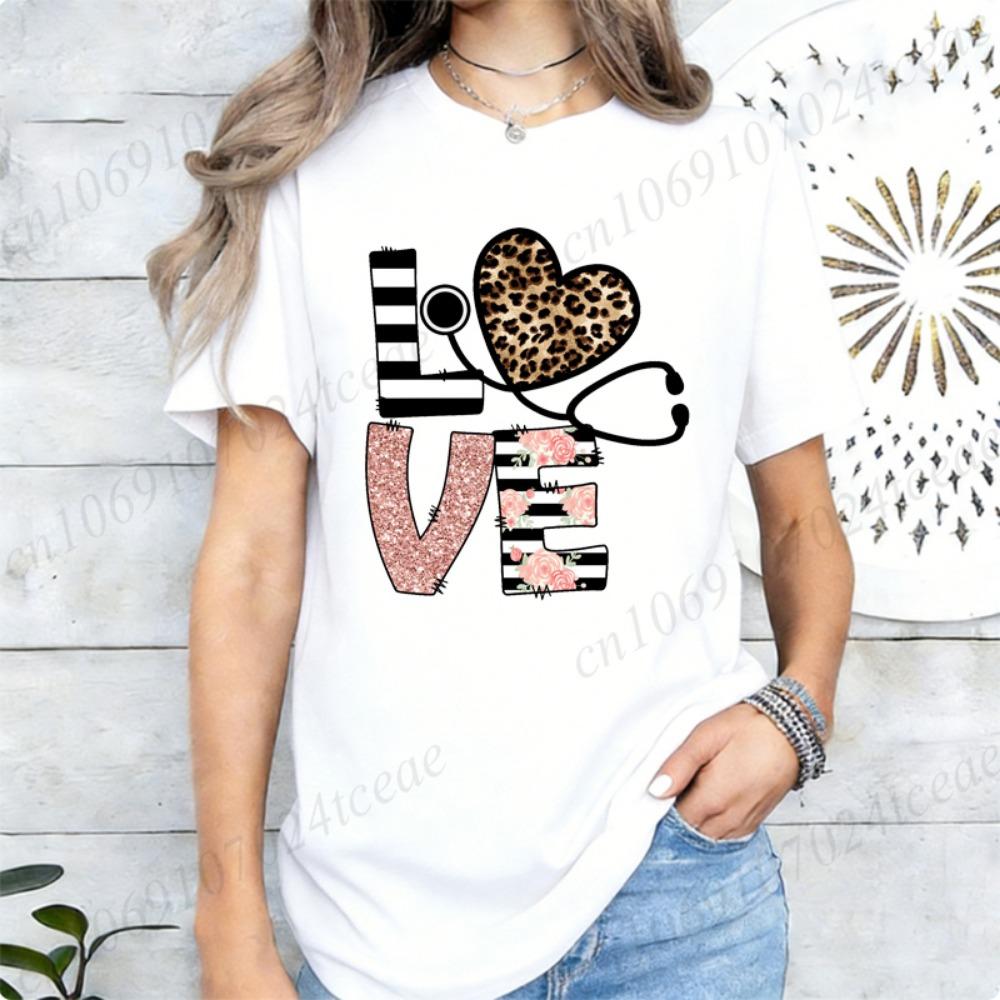 LOVE Stethoscope Heart Rose T-Shirts,Leopard Nurse T Shirt for Women,Nurse Week Gift,short Sleeve Tees,summer Fashion Shirts M