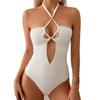 Neuer sexy einfarbiger einteiliger Badeanzug für Damen mit Nackenband und Kordelzug, rückenfreier Badeanzug, brustformender Badeanzug