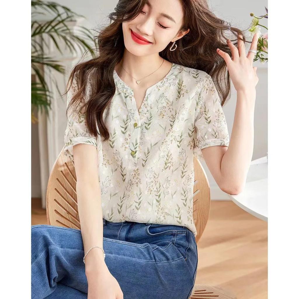 Summer New Floral V-neck Short Sleeved Chiffon Shirt for Women, Thin and Slimming, Versatile Chiffon All Match Korean Top