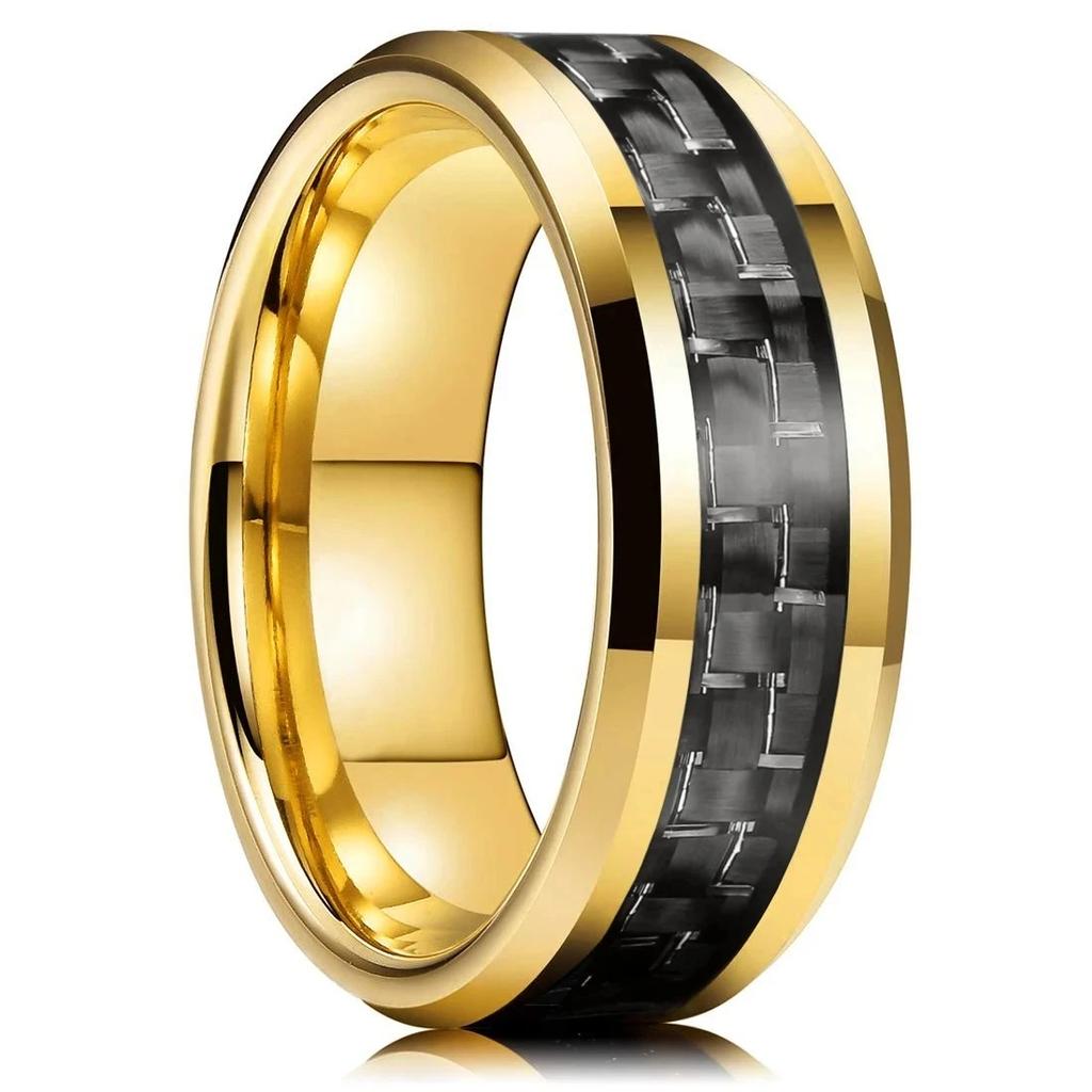 Simple 8MM Men Gold Color Stainless Steel Rings Black Carbon Fiber Matte Finish Engagement Ring For Men Wedding Band Jewelry