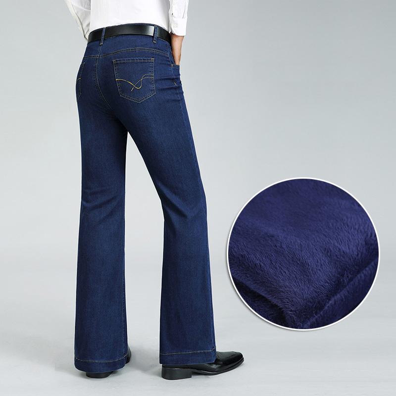 Men's Winter Fleece Mid-Rise Bootcut Denim Pants Men's Mid Waist Stretch Flared Jeans
