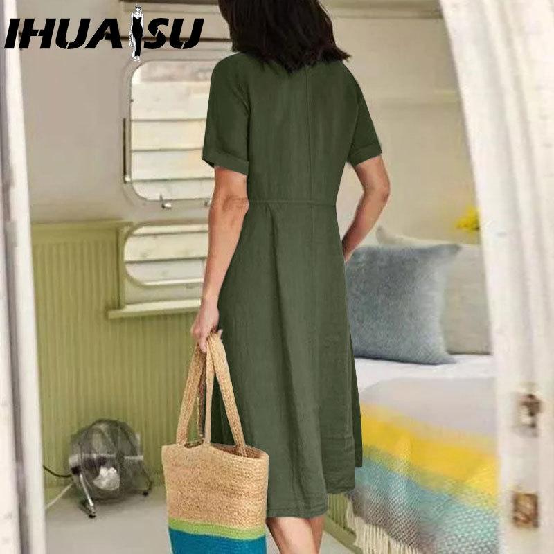 IHUASU Damenmode Sommer Frühling Einfarbig Druck V-Ausschnitt Hohe Taille Lässige Kleider