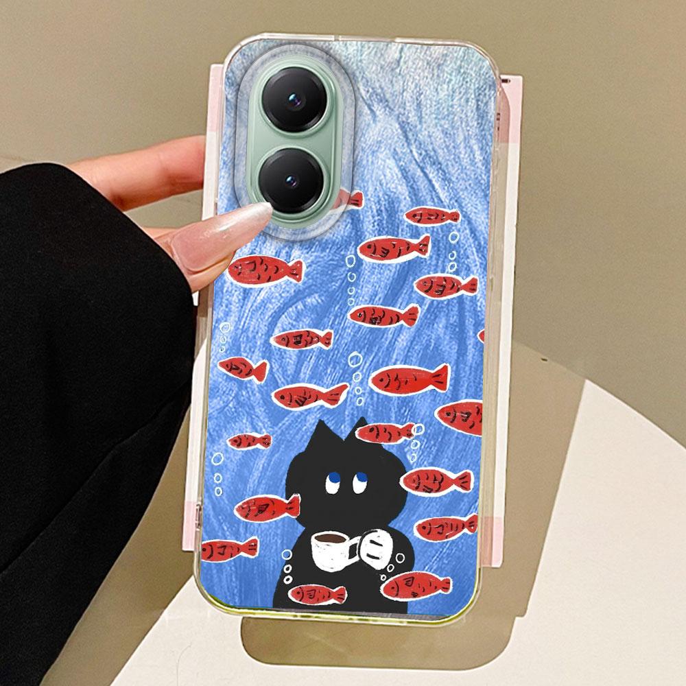 Big Headed Black Cat Circular Dots Phone Case for Xiaomi Poco X5 X7 M6 Pro X6 X3 NFC C75 C71 C65 C61 Back Silicone Shell Cover