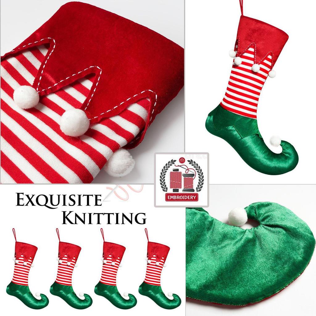 Large Christmas Elf Stocking Ornament with Red & Green Velvet Pom-Poms