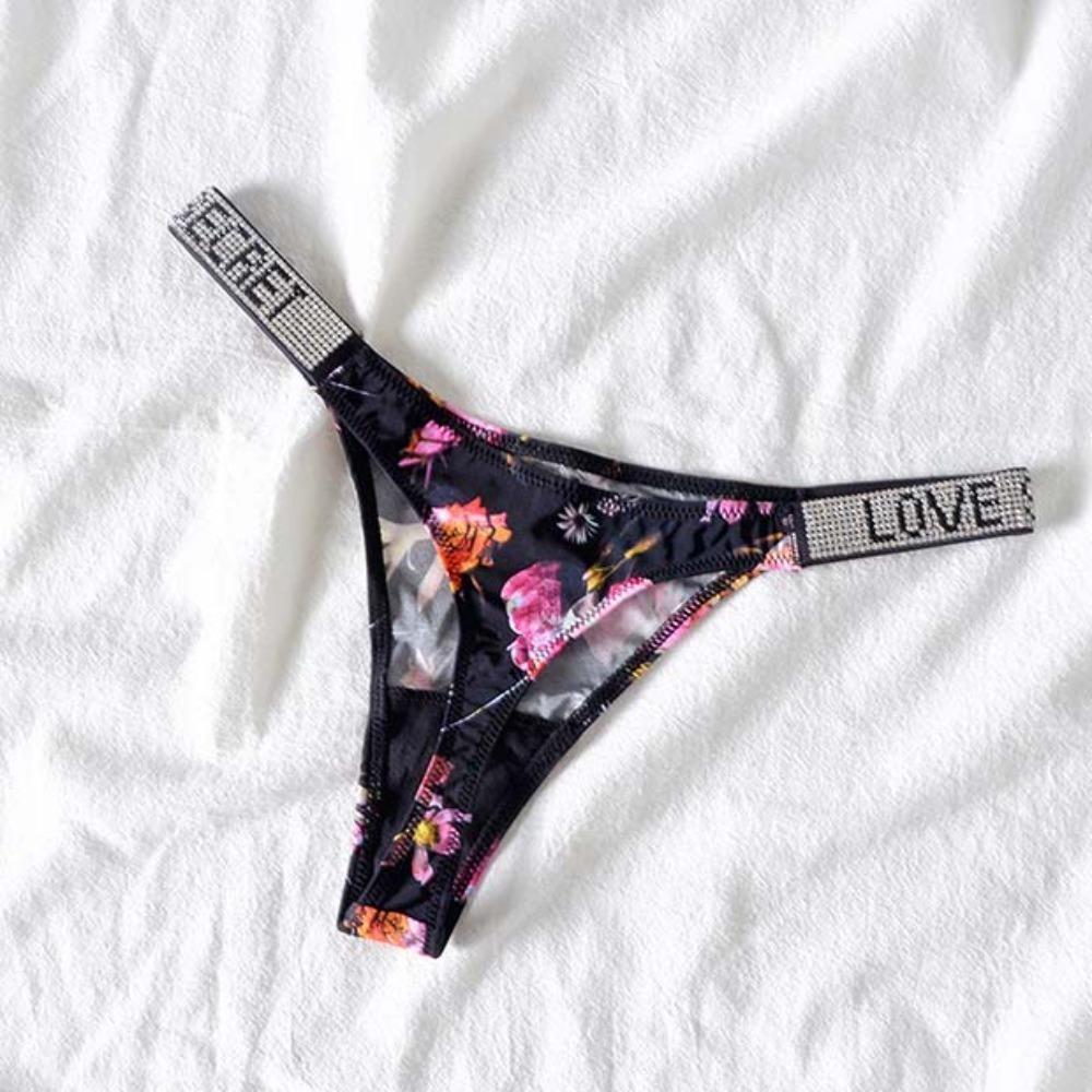 Sexy Triangle Fitness Sports With Letter Low Rise Briefs Sexy T-Back G-string Women Panties Rhinestone Thong