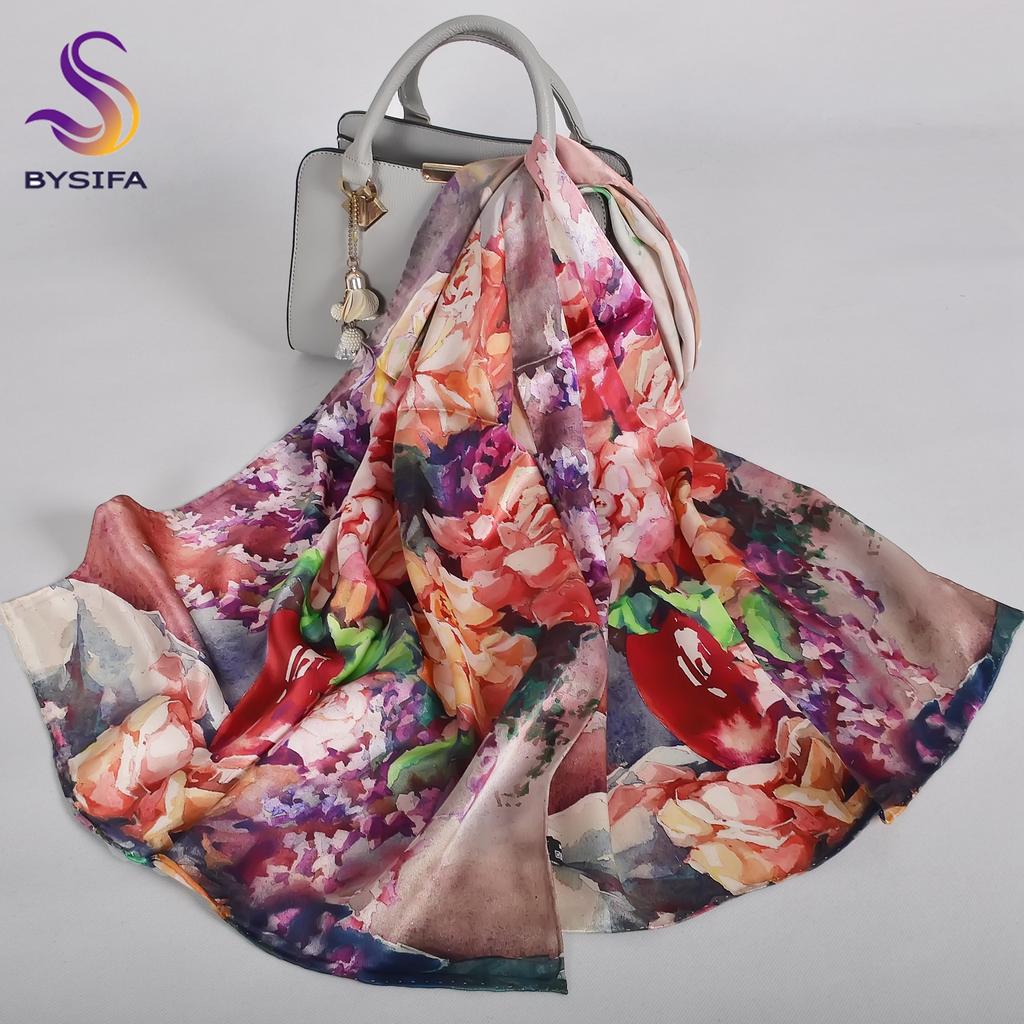 Blue Purple Silk Scarf Foulard Women Brand China Peony Long Scarves Printed Fall Winter100% Silk Ladies Scarf 170*53cm