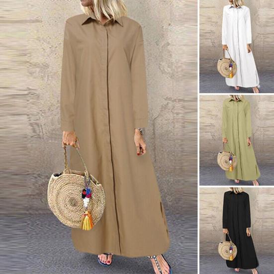 

Женское платье-рубашка с лацканами, однобортное платье с длинным рукавом, повседневная свободная повседневная одежда, длина до щиколотки, чистый цвет, большие размеры, летнее платье макси, женская одежда