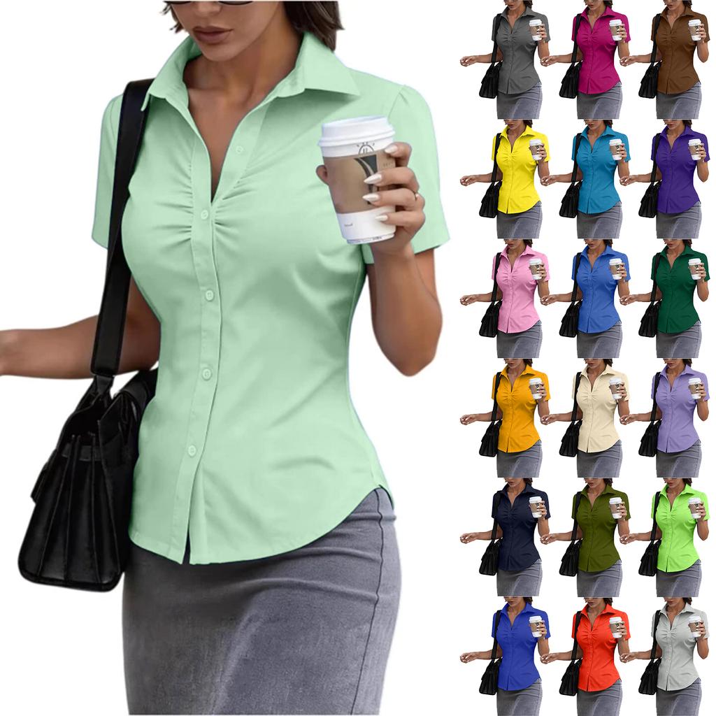 Women's Short Sleeve Button Down Shirt Slim Fit Collared Blouse Office Workwear Casual Top with Ruched Front Design