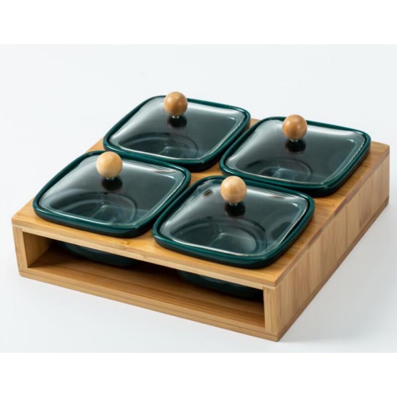 Qianxing Ceramic Snack Platter with Bamboo Tray & Glass Lid