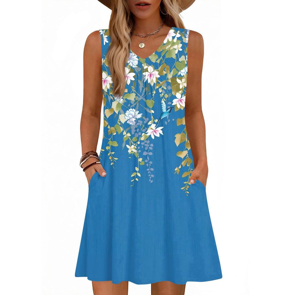 Damenmode Bedrucktes Sommer Ärmelloses V-Ausschnitt Tanktop Tasche Lässiges Lockeres Kleid