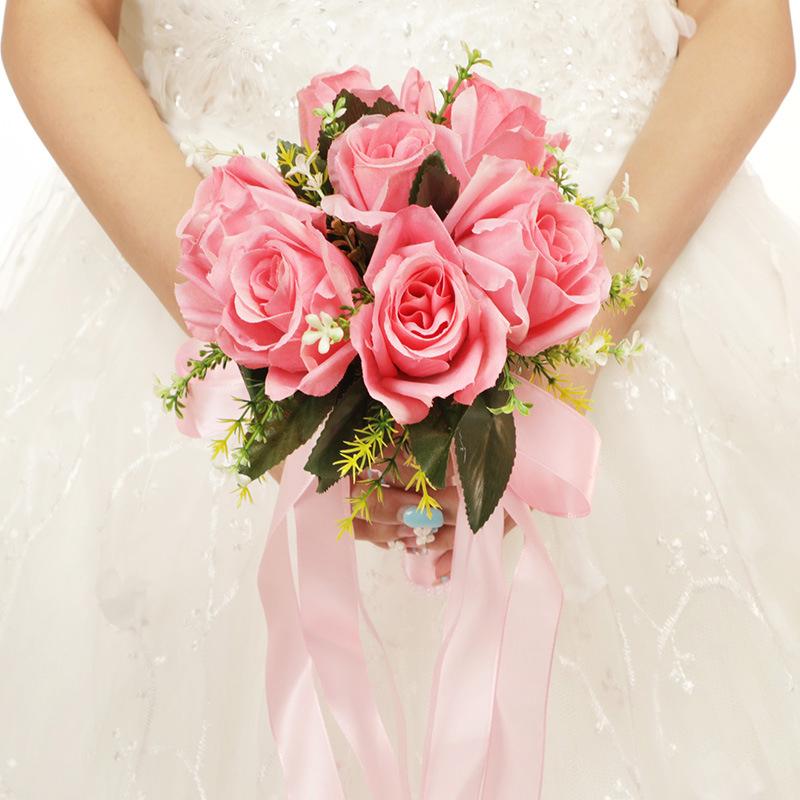 1pc Holding Flowers Artificial Natural Rose Wedding Bouquet With Silk Satin Ribbon Bridesmaid Bridal Party Wedding Accessories
