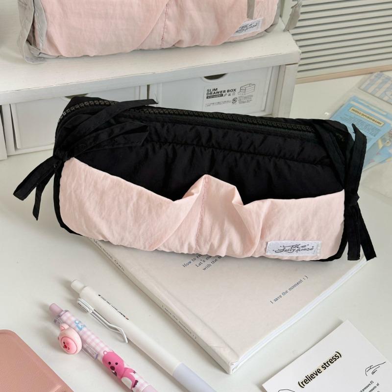 1 Piece Cute Fashion Bow Pencil Case Soft Fabric Casual Large Capacity Stationery Case Portable School Pen Bag Student