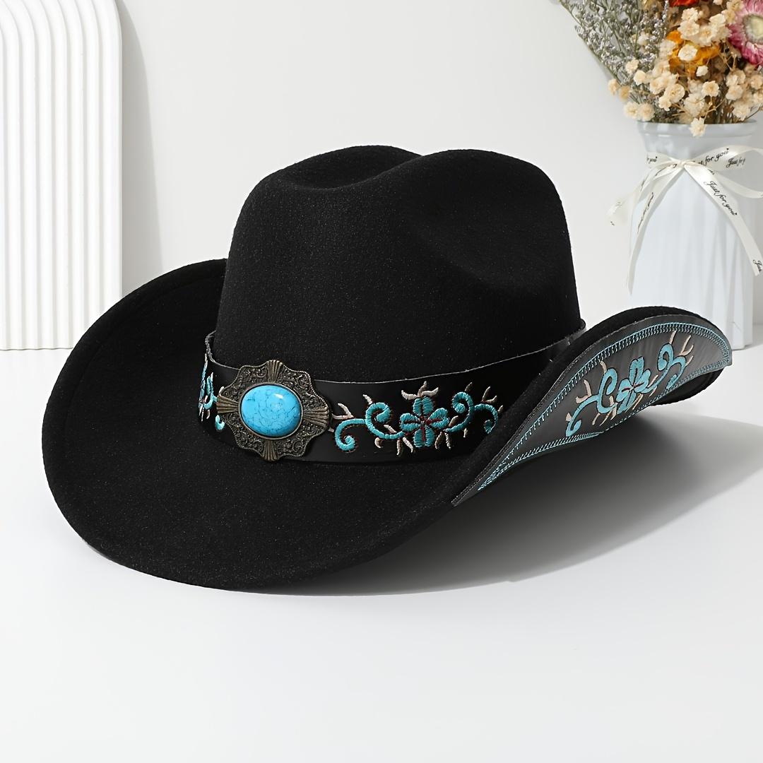 

Lady s Elegant Felt Cowboy Hat with Turquoise Stone and Embroidered Belt - Perfect for Dance Parties, Graduations, and Festive Occasions One Size Fits All чорний