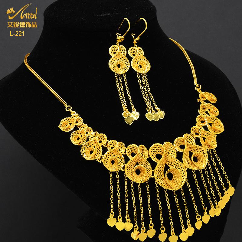 Gold-Plated Brass Flower Necklace & Earrings Set for Women's Wedding Jewelry