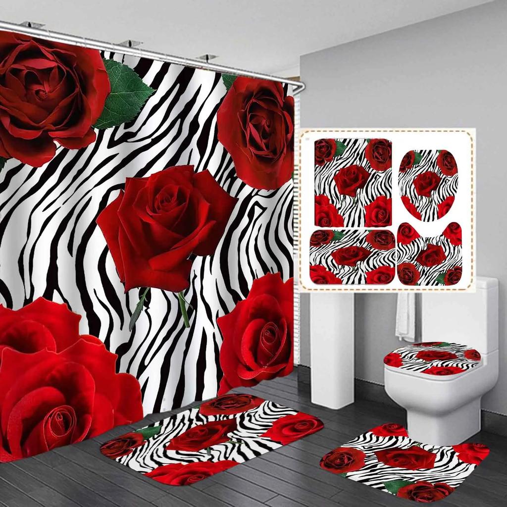 Red Rose Stripe Flowers Bathroom Shower Curtain Set Waterproof Polyester Washable Non-Slip Bath Mat Rugs Carpet Toilet Lid Cover