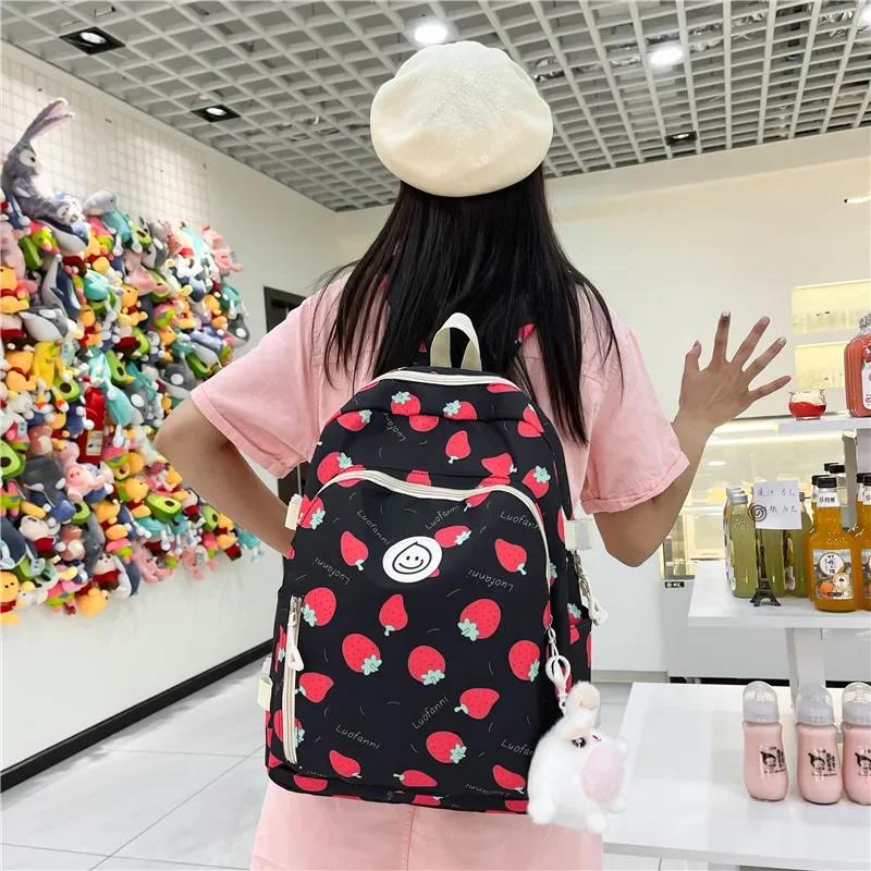 Cute Strawberry Print Girls' Schoolbag with Wide Shoulder Straps Spine Protection Lightweight Campus Backpack