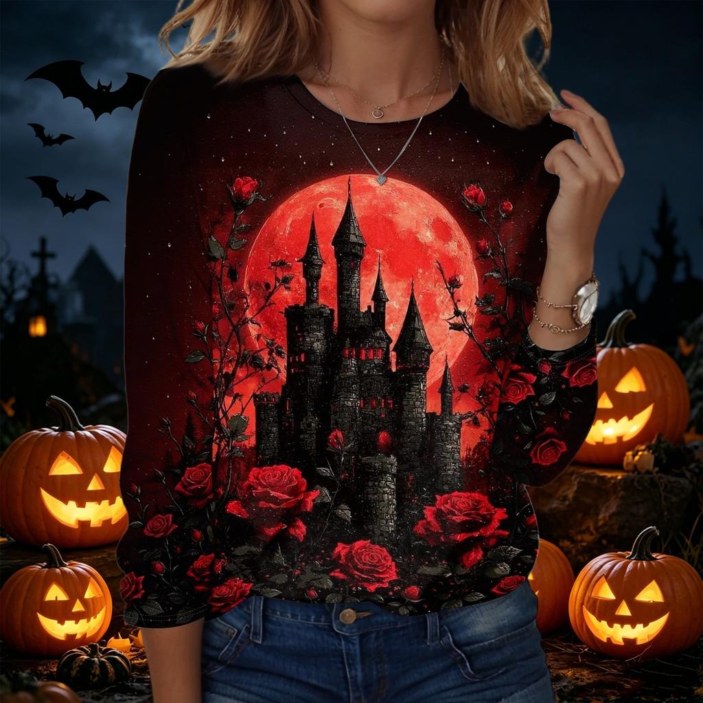 Women's Halloween Pullover Sweatshirt Long Sleeve Crewneck Top Casual Printed Lightweight Pullover Sweatshirt for Fall Seasonal Wear