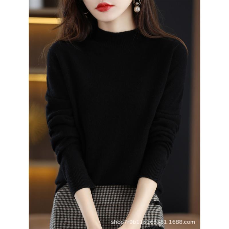Autumn and winter new pure wool sweater women's semi-turtleneck first-line ready-to-wear wool sweater knitted sweater loose and thin bottoming shirt