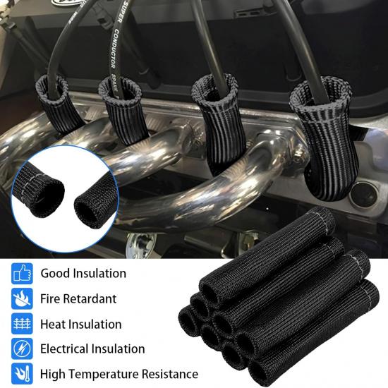 Spark Plug Wire Heat Shield, 8Pcs 2500° Spark Plug Boot, Spark Plug Heat Shield Sleeve for SBC BBC 350 454 Plug Boot Protector, 6 Inch Black