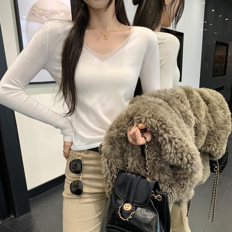 

Women s White Mesh V-Neck Slim Fit Base Layer T-Shirt - Autumn/Winter 2025 Korean Style Small белый