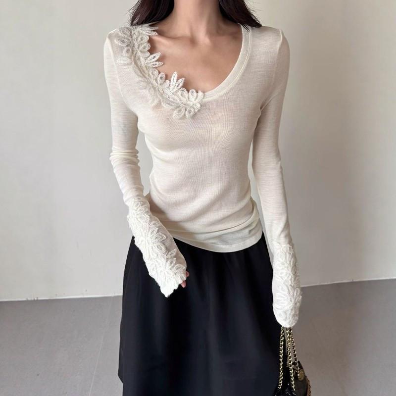 Women s Slim-Fit Lace Trim Brushed Cotton Knit Top Small белый