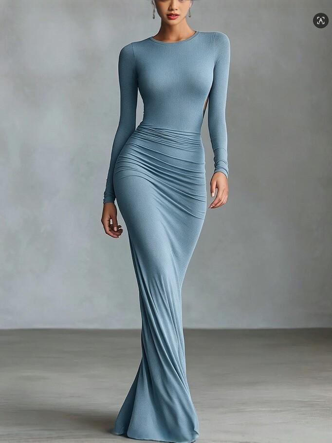 European and American women's clothing long-sleeved pleated waist slim-fitting dress, temperament evening dress long dress