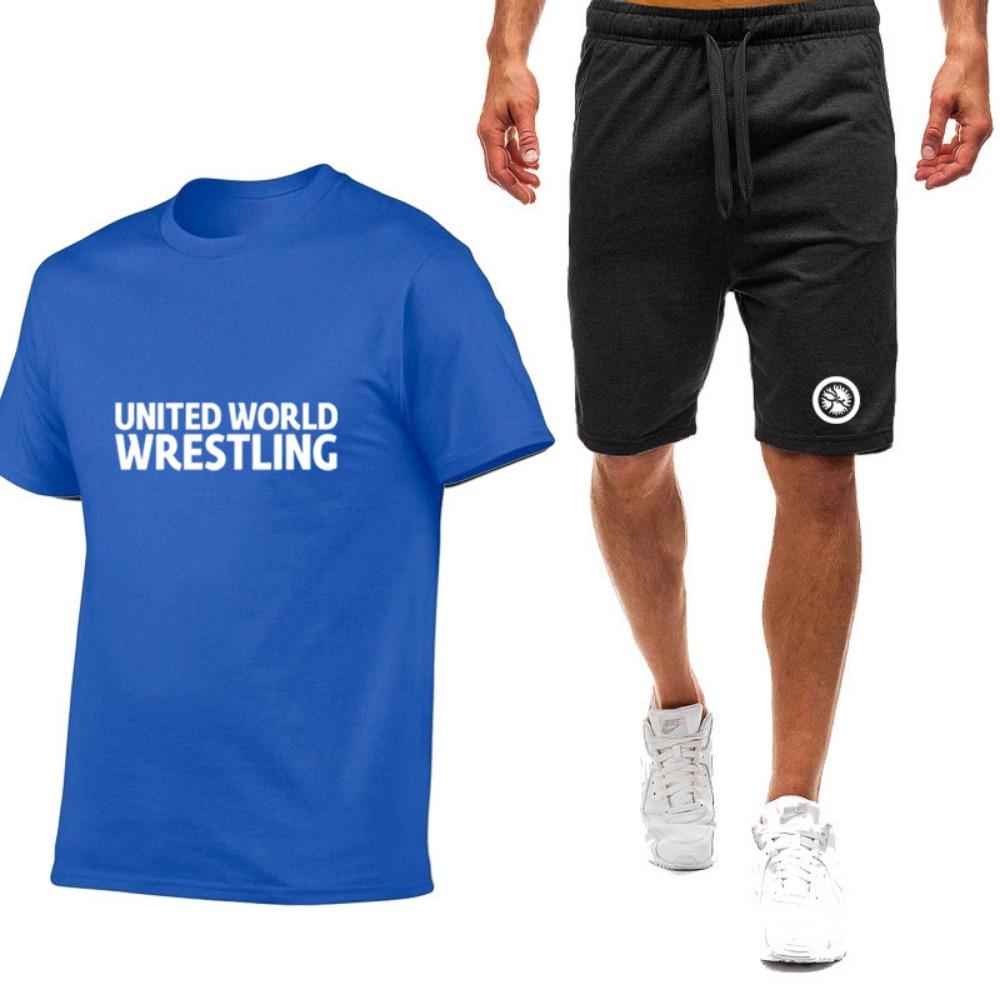 Summer Men's World Wrestling Federation Logo Printed Solid Color Daily Multi Functional Comfortable T-shirt Pants Sports Set