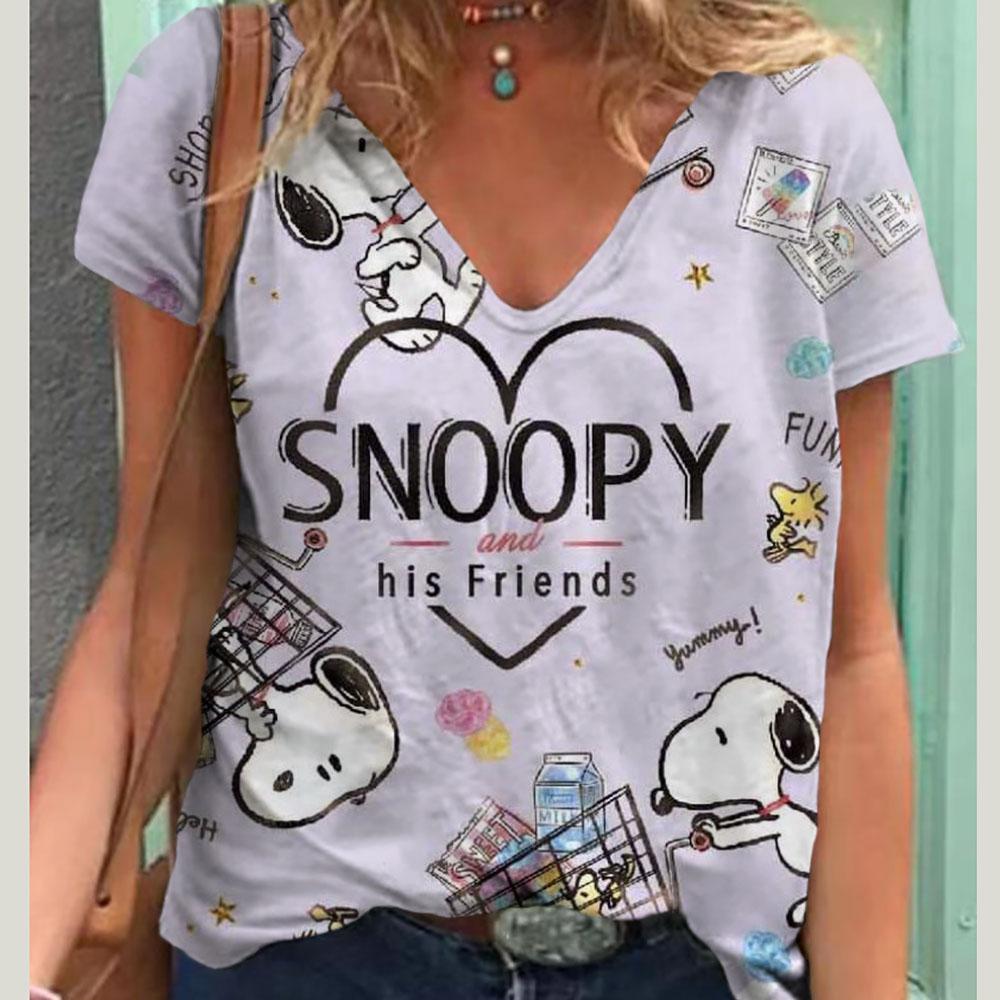 V-Neck Women's Sexy T-shirts Short Sleeve Breathable Simple Snoopy Cartoon Print Tops T-shirt Fun Patterns 15 Color Pullover Top