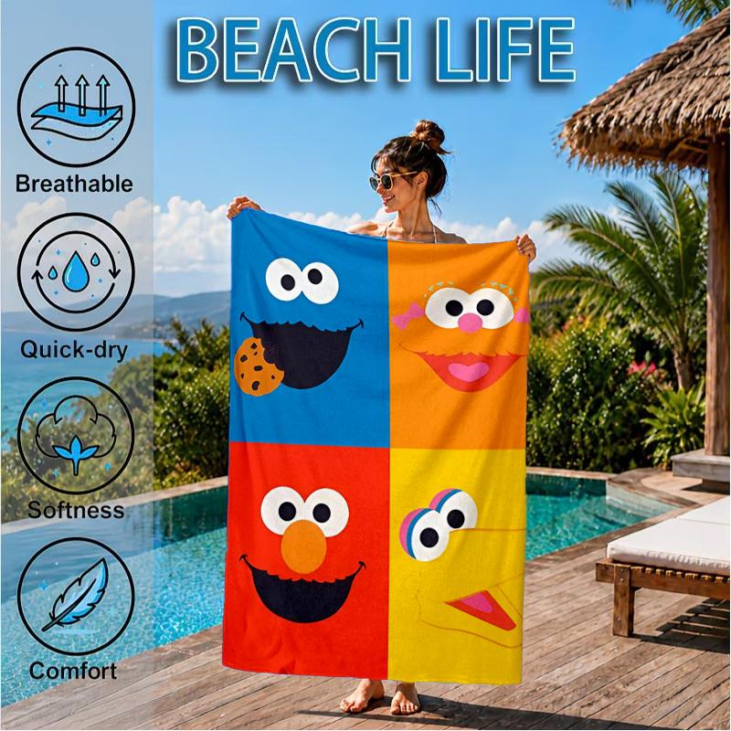 Colorful Sesame Muppets Together Beach Towel, Super Soft Microfiber, Perfect Gift for Her/Him, Birthday, for Pool, Beach, Travel, Decor Beach Party