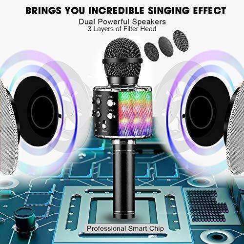 Microphone Karaoké Sans Fil Bluetooth Portable pour Enfants Adultes Chanter Noir