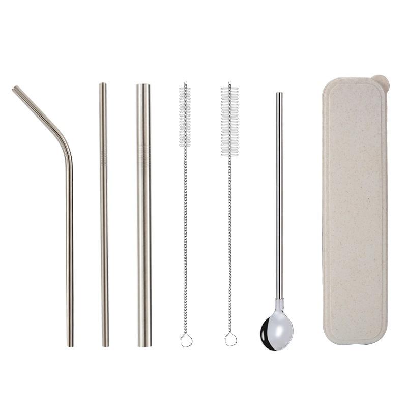 NEW Drinking Straw Stainless Steel Straw Set Straw Spoon with Brushes Box