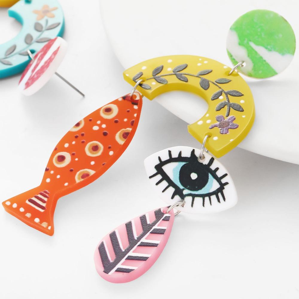 Personality Retro Colorful Abstract Fish Eye Leaf Printed Eco-friendly Acrylic Dangle Earrings for Women Trendy Designer Jewelry