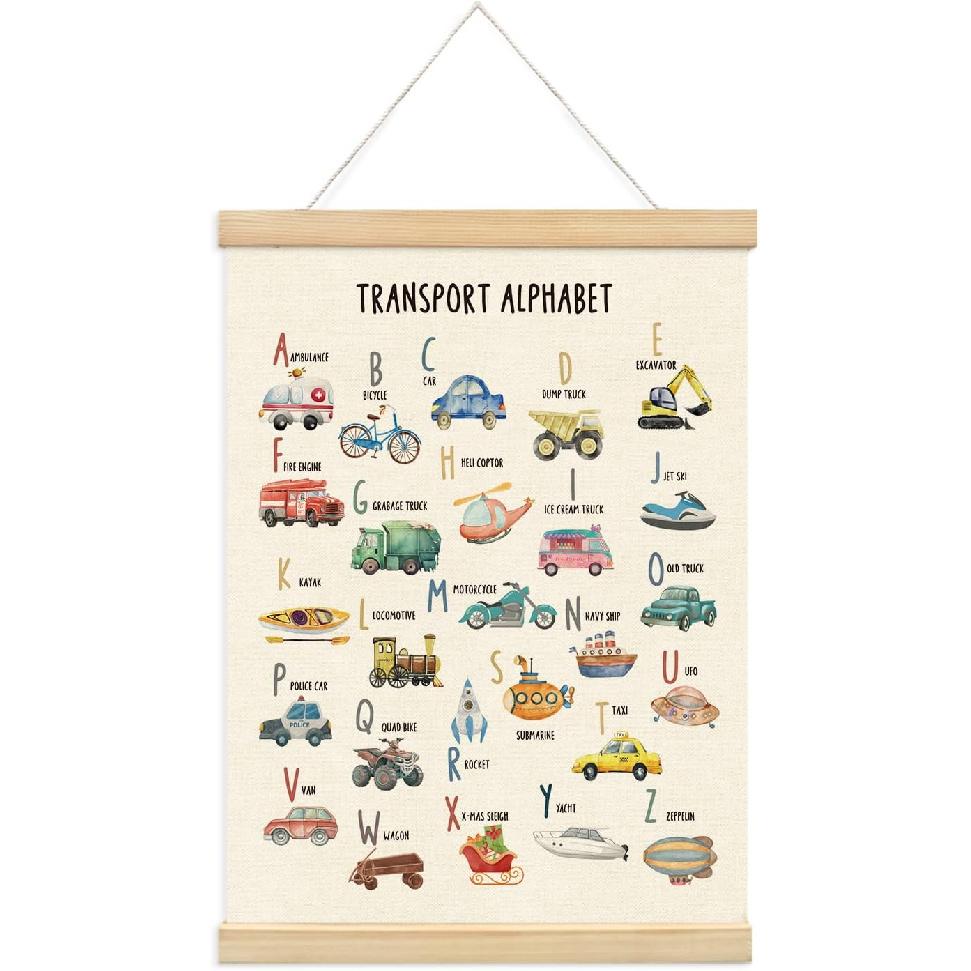 XYDEG Transportation Car Alphabet Numbers Poster Hanger Frame,Baby Boy Nursery Playroom Wall Decor, Nursery Decor,ABC Banner Poster Wall Art with
