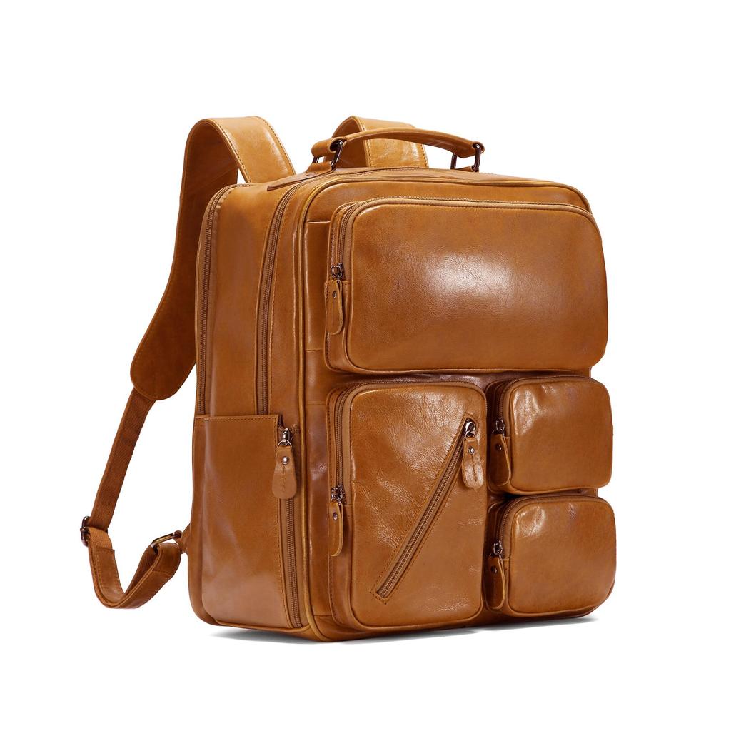 Men's Genuine Leather Multi-Pocket Travel Backpack: Large Capacity, Versatile, and Ideal for Casual Outdoor Adventures.