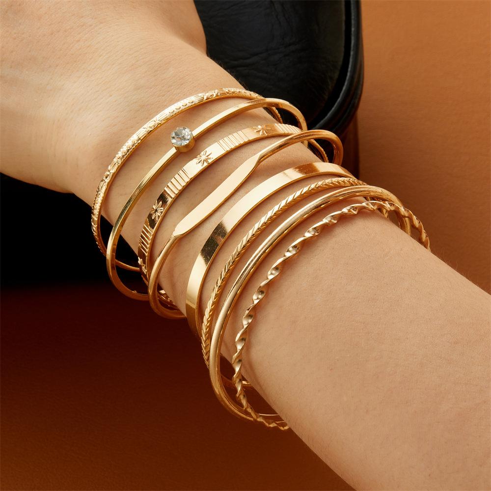 8Pcs Set Vintage Gold Open Bangle Bracelets Twisted Textured Geometric Cuff Jewelry for Women