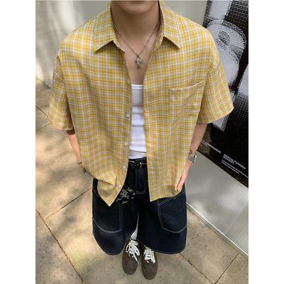 Herren Sommer Locker Kurzarm Freizeit Hemd Retro Karomuster Hemd