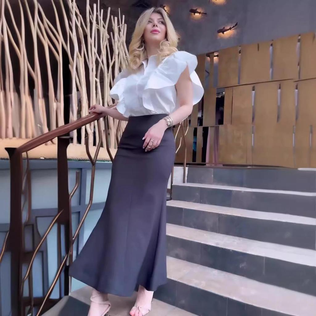 2024 Summer European & American Fashion Solid Color Ruffle Sleeve Top & High Waist Hip Wrap Skirt Set for Women