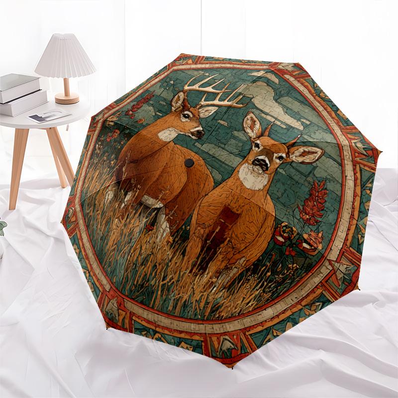 1 Pezzo Ombrello Pieghevole Automatico - Fantasia Cervi della Foresta, Design Portatile e Pieghevole con 8 Stecche, Regali di Natale e Compleanno