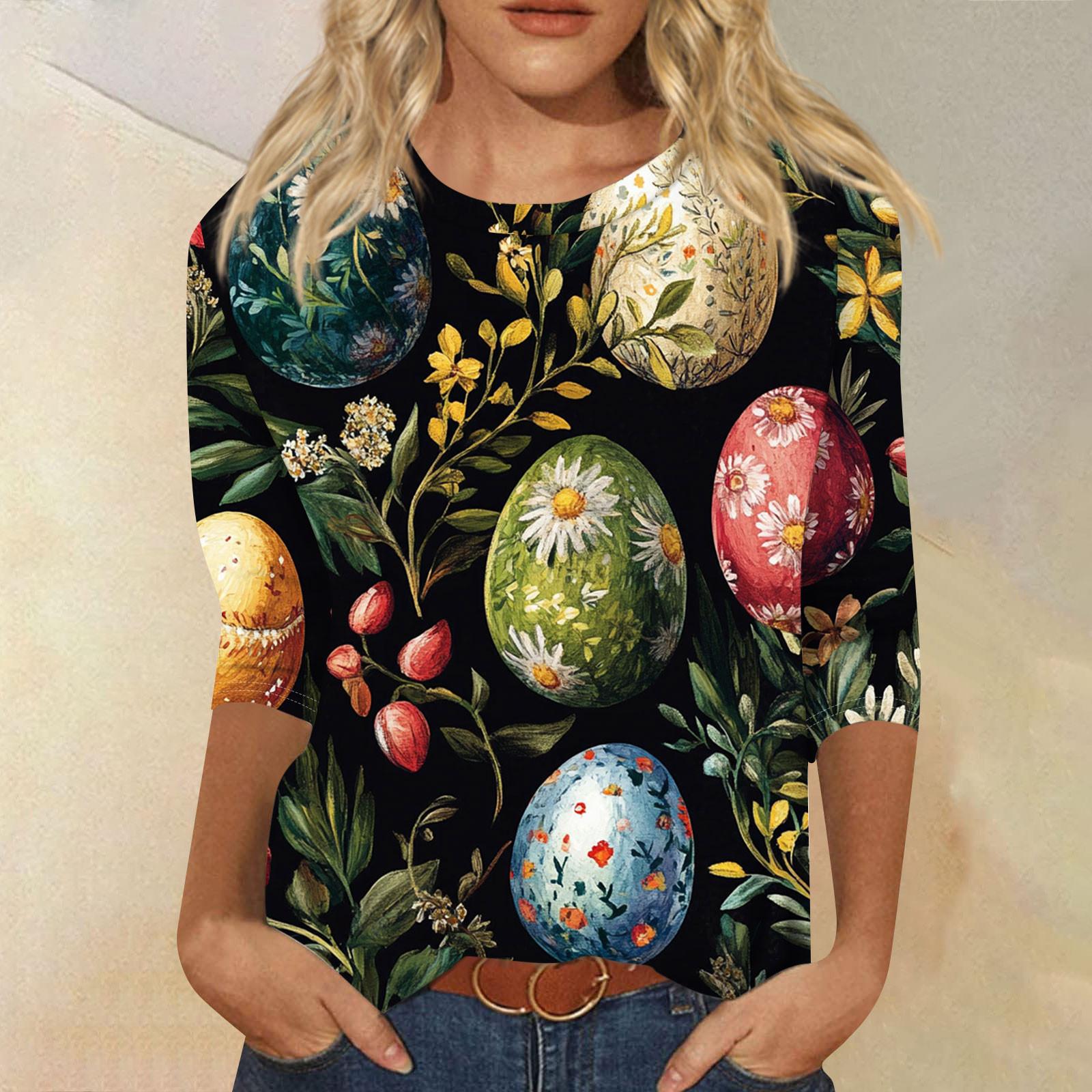 

Женская мода повседневная блузка с круглым вырезом и принтом «Пасха» из семи рукавов XXXXXL зелёный