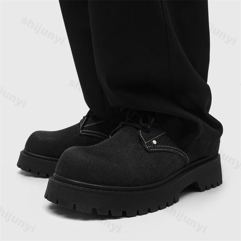 Men Canvas Leather Shoes 2025 Autumn Casual Loafers Lace Up Platform Comfortable Non Slip Fashion Derby Shoes Wedding Party