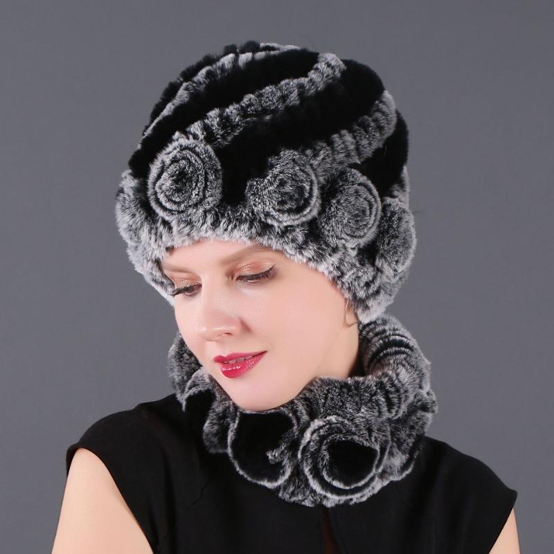 New High-quality Rex Rabbit Fur Accessories Autumn and Winter Women's Versatile Warm Hat Scarf Two-piece Set