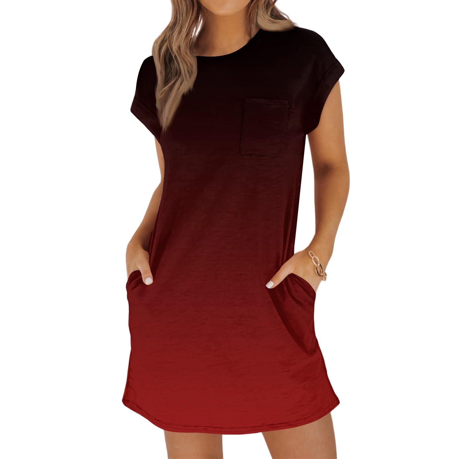 

Женское модное повседневное летнее платье с градиентным принтом, коротким рукавом, круглым вырезом и карманами L винный